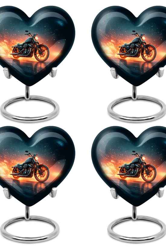 Pastel Blue Bike Cremation Urn angled view of lid and engraved motif - loving heart memorial featuring bike pattern - 10 inch aluminum urn for cremated remains