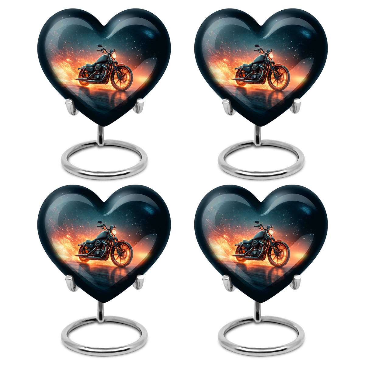 Pastel Blue Bike Cremation Urn angled view of lid and engraved motif - loving heart memorial featuring bike pattern - 10 inch aluminum urn for cremated remains