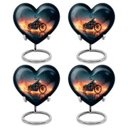 Pastel Blue Bike Cremation Urn angled view of lid and engraved motif - loving heart memorial featuring bike pattern - 10 inch aluminum urn for cremated remains