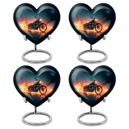 Pastel Blue Bike Cremation Urn angled view of lid and engraved motif - loving heart memorial featuring bike pattern - 10 inch aluminum urn for cremated remains