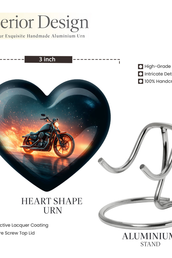 Navy Blue Bike Cremation Urn front view showing detailed design - heart-shaped bike design symbolizing eternal love - mini keepsake memorial for portion of cremation ashes