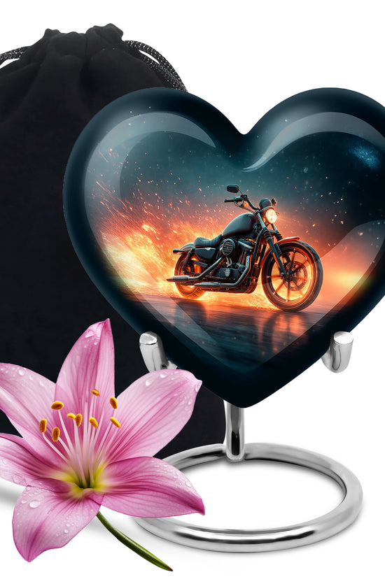 Misty Blue Bike Cremation Urn detail view - loving heart memorial featuring bike pattern - full-size 10 inch 200 cubic inch adult cremation urn