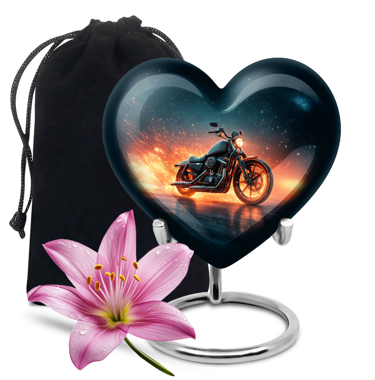 Misty Blue Bike Cremation Urn detail view - loving heart memorial featuring bike pattern - full-size 10 inch 200 cubic inch adult cremation urn