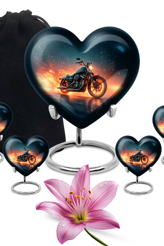 Navy Blue Bike Cremation Urn close-up of engraving and surface detail - loving heart memorial featuring bike pattern - memorial set with one large and four small urns