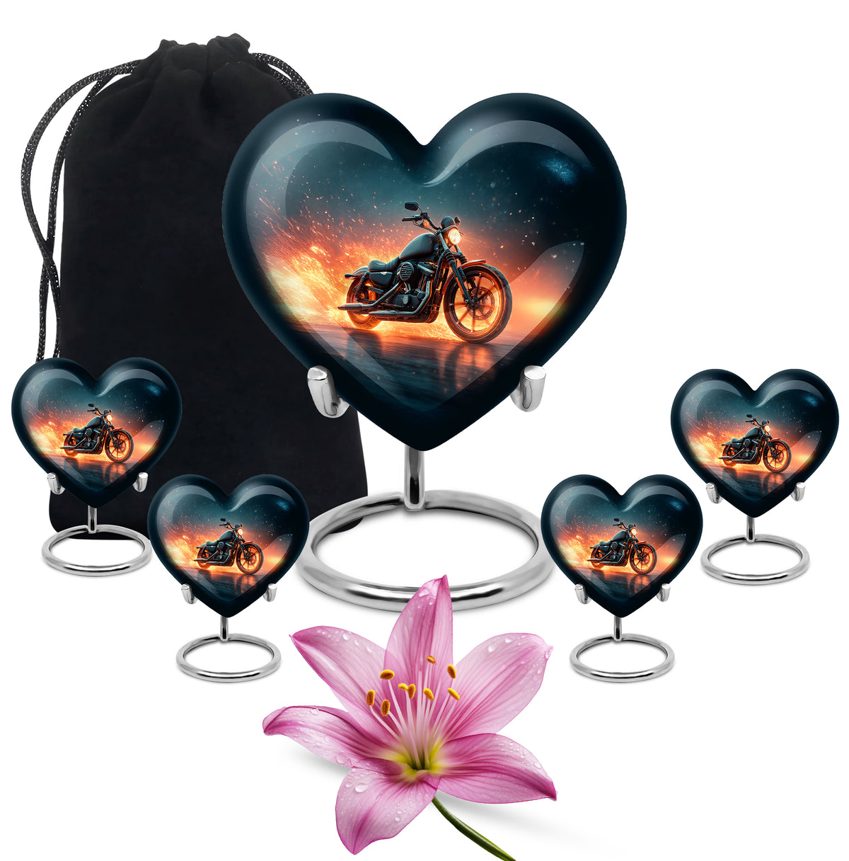 Navy Blue Bike Cremation Urn close-up of engraving and surface detail - loving heart memorial featuring bike pattern - memorial set with one large and four small urns