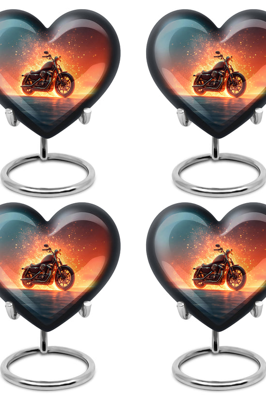Sapphire Blue Bike Cremation Urn angled view of lid and engraved motif - romantic heart urn with bike motif on aluminum - 10 inch aluminum urn for cremated remains