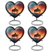 Sapphire Blue Bike Cremation Urn angled view of lid and engraved motif - romantic heart urn with bike motif on aluminum - 10 inch aluminum urn for cremated remains