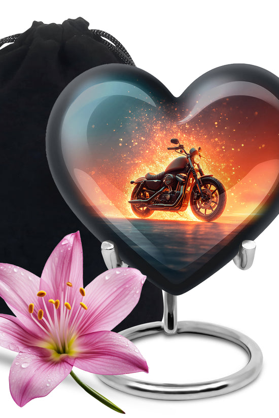 Celestial Blue Bike Cremation Urn detail view - loving heart memorial featuring bike pattern - full-size 10 inch 200 cubic inch adult cremation urn