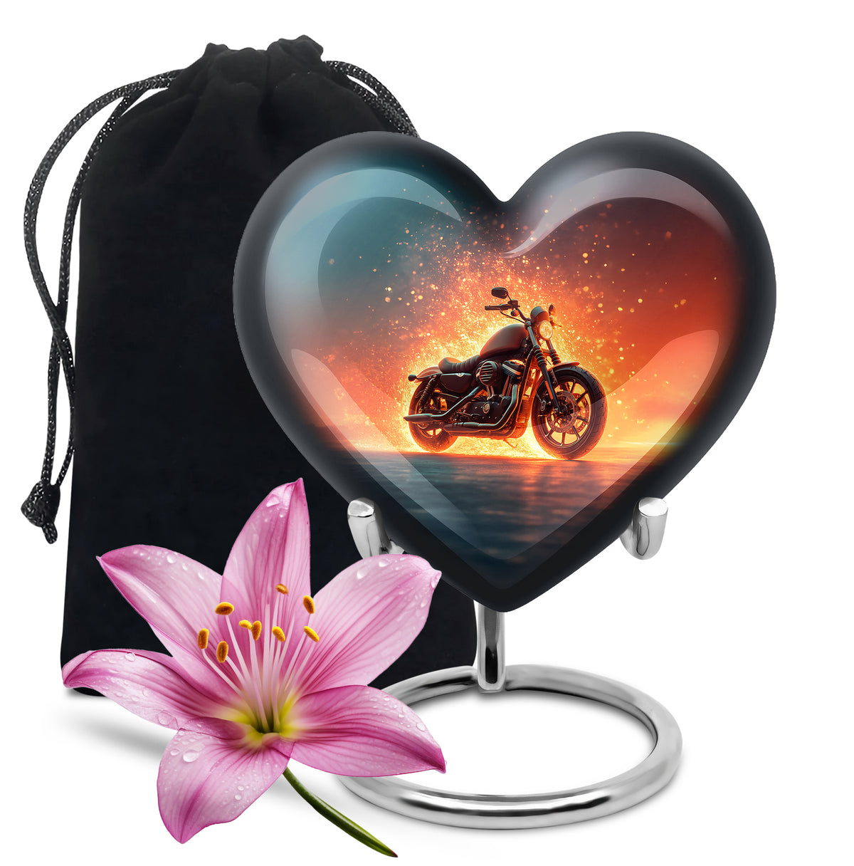 Celestial Blue Bike Cremation Urn detail view - loving heart memorial featuring bike pattern - full-size 10 inch 200 cubic inch adult cremation urn