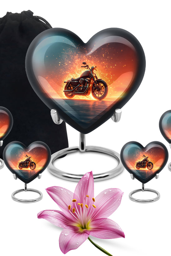 Sky Blue Bike Cremation Urn close-up of engraving and surface detail - heart-shaped bike design symbolizing eternal love - memorial set with one large and four small urns