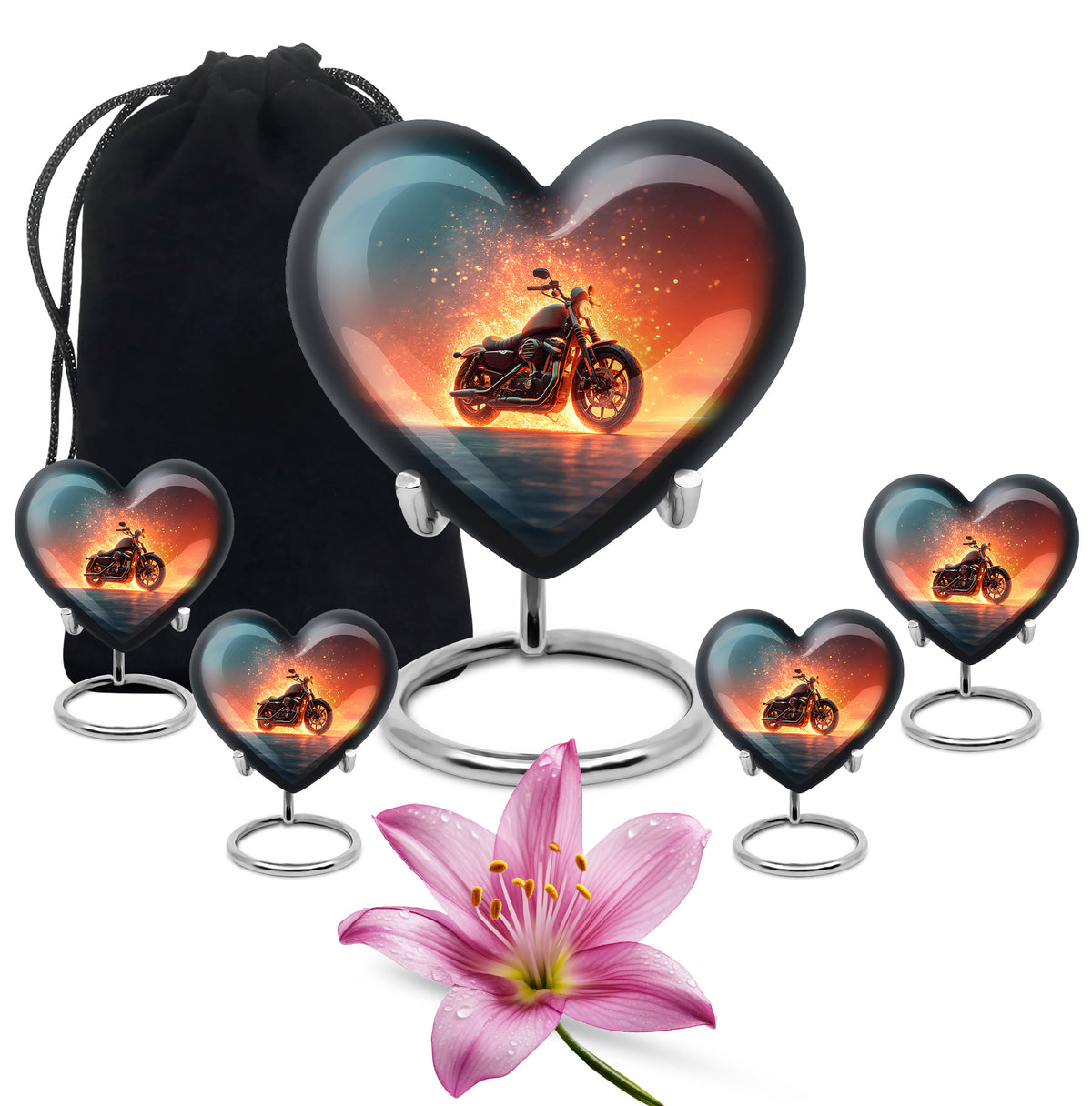 Sky Blue Bike Cremation Urn close-up of engraving and surface detail - heart-shaped bike design symbolizing eternal love - memorial set with one large and four small urns