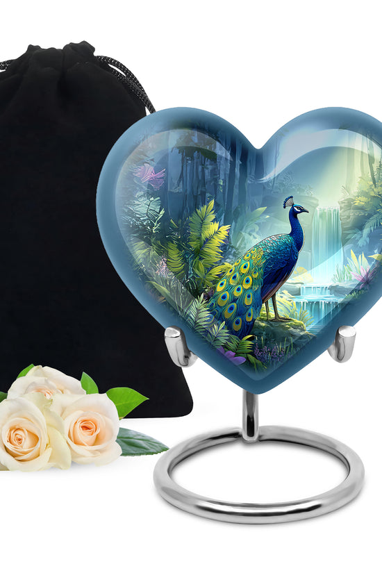 Blue Peacock Cremation Urn - Forest Waterfall Funeral Urn For Adult Ashes