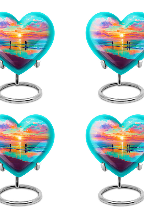 Tropical Teal Beach Cremation Urn angled view of lid and engraved motif - romantic heart urn with beach motif on aluminum - 10 inch aluminum urn for cremated remains