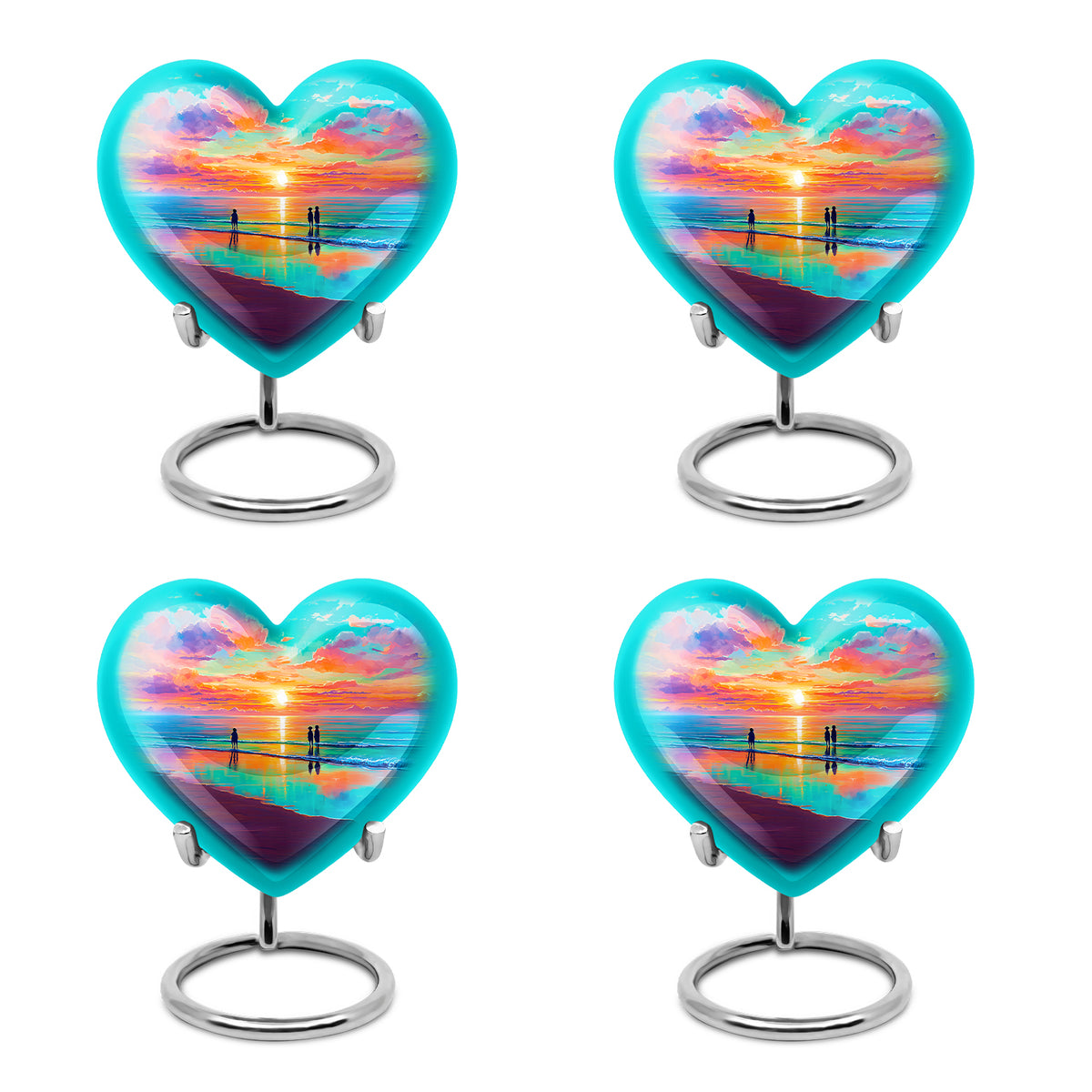 Tropical Teal Beach Cremation Urn angled view of lid and engraved motif - romantic heart urn with beach motif on aluminum - 10 inch aluminum urn for cremated remains