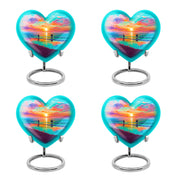 Tropical Teal Beach Cremation Urn angled view of lid and engraved motif - romantic heart urn with beach motif on aluminum - 10 inch aluminum urn for cremated remains