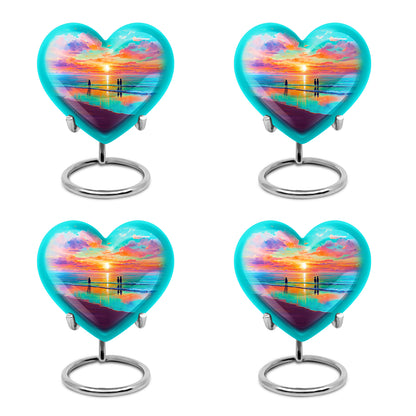 Tropical Teal Beach Cremation Urn angled view of lid and engraved motif - romantic heart urn with beach motif on aluminum - 10 inch aluminum urn for cremated remains