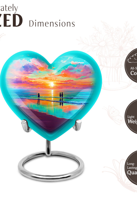 Sea Green Teal Beach Cremation Urn front view showing detailed design - heart-shaped beach design symbolizing eternal love - mini keepsake memorial for portion of cremation ashes