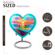 Sea Green Teal Beach Cremation Urn front view showing detailed design - heart-shaped beach design symbolizing eternal love - mini keepsake memorial for portion of cremation ashes