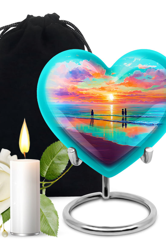 Vivid Teal Beach Cremation Urn detail view - romantic heart urn with beach motif on aluminum - full-size 10 inch 200 cubic inch adult cremation urn