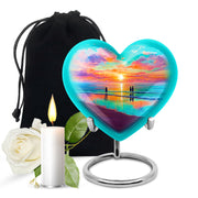 Vivid Teal Beach Cremation Urn detail view - romantic heart urn with beach motif on aluminum - full-size 10 inch 200 cubic inch adult cremation urn