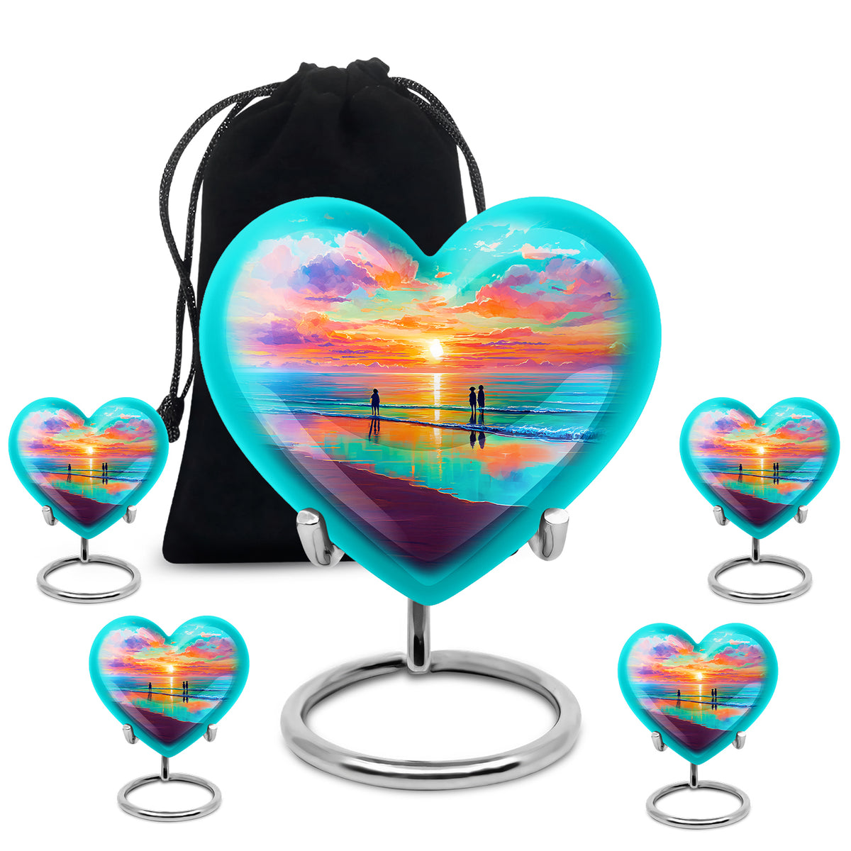 Ocean Teal Beach Cremation Urn close-up of engraving and surface detail - heart-shaped beach design symbolizing eternal love - memorial set with one large and four small urns