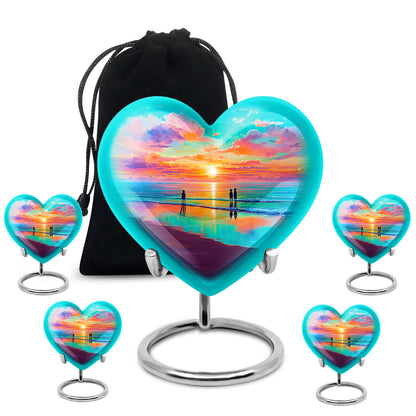 Ocean Teal Beach Cremation Urn close-up of engraving and surface detail - heart-shaped beach design symbolizing eternal love - memorial set with one large and four small urns