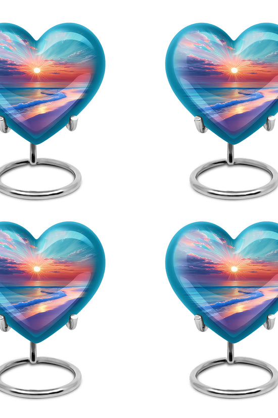 Jewel Teal Beach Cremation Urn angled view of lid and engraved motif - heart-shaped beach design symbolizing eternal love - 10 inch aluminum urn for cremated remains