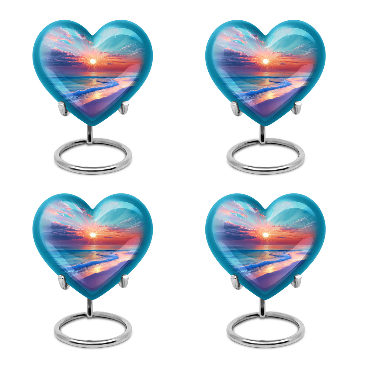 Jewel Teal Beach Cremation Urn angled view of lid and engraved motif - heart-shaped beach design symbolizing eternal love - 10 inch aluminum urn for cremated remains