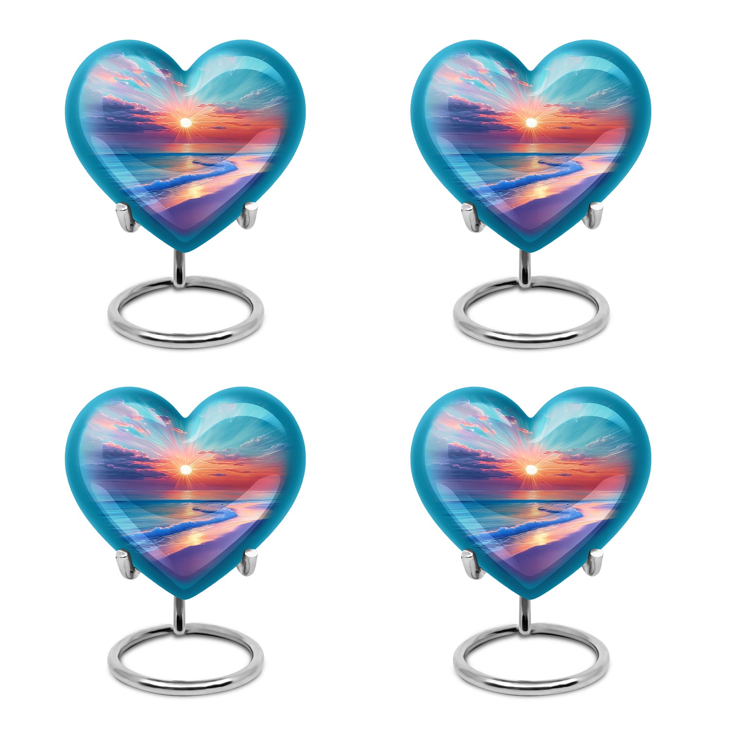 Jewel Teal Beach Cremation Urn angled view of lid and engraved motif - heart-shaped beach design symbolizing eternal love - 10 inch aluminum urn for cremated remains