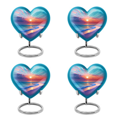 Jewel Teal Beach Cremation Urn angled view of lid and engraved motif - heart-shaped beach design symbolizing eternal love - 10 inch aluminum urn for cremated remains