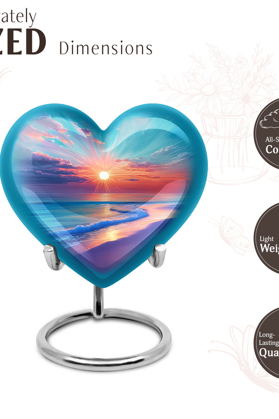 Soft Teal Beach Cremation Urn front view showing detailed design - heart-shaped beach design symbolizing eternal love - mini keepsake memorial for portion of cremation ashes