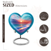 Soft Teal Beach Cremation Urn front view showing detailed design - heart-shaped beach design symbolizing eternal love - mini keepsake memorial for portion of cremation ashes