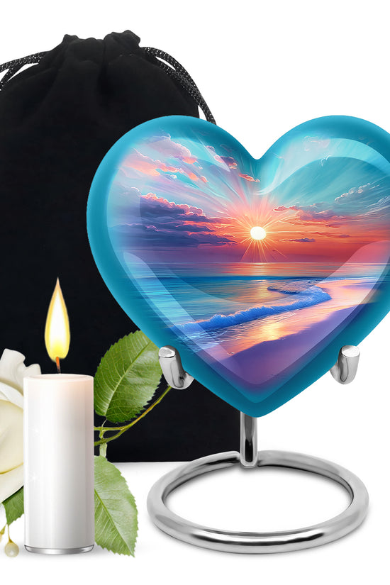 Vivid Teal Beach Cremation Urn detail view - compassionate heart-beach combination with gentle curves - full-size 10 inch 200 cubic inch adult cremation urn