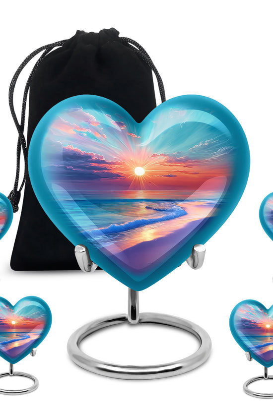Cool Teal Beach Cremation Urn close-up of engraving and surface detail - loving heart memorial featuring beach pattern - memorial set with one large and four small urns