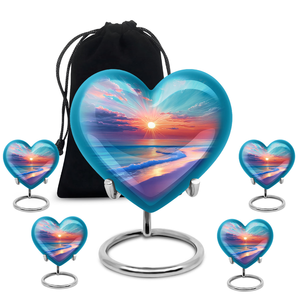 Cool Teal Beach Cremation Urn close-up of engraving and surface detail - loving heart memorial featuring beach pattern - memorial set with one large and four small urns