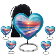 Cool Teal Beach Cremation Urn close-up of engraving and surface detail - loving heart memorial featuring beach pattern - memorial set with one large and four small urns