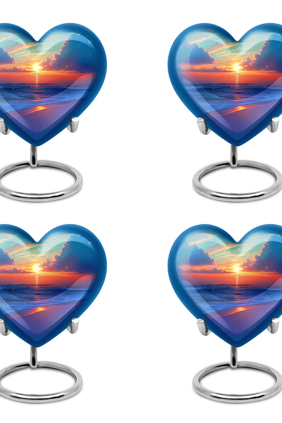 Cool Teal Beach Cremation Urn angled view of lid and engraved motif - heart-shaped beach design symbolizing eternal love - 10 inch aluminum urn for cremated remains