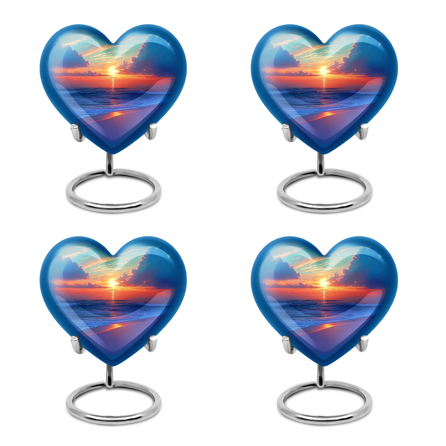 Cool Teal Beach Cremation Urn angled view of lid and engraved motif - heart-shaped beach design symbolizing eternal love - 10 inch aluminum urn for cremated remains