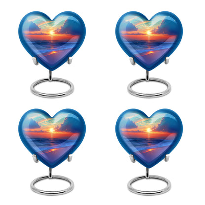Cool Teal Beach Cremation Urn angled view of lid and engraved motif - heart-shaped beach design symbolizing eternal love - 10 inch aluminum urn for cremated remains