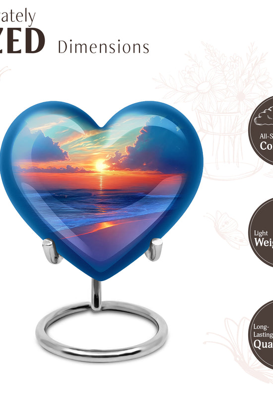 Ocean Teal Beach Cremation Urn front view showing detailed design - heart-shaped beach design symbolizing eternal love - mini keepsake memorial for portion of cremation ashes