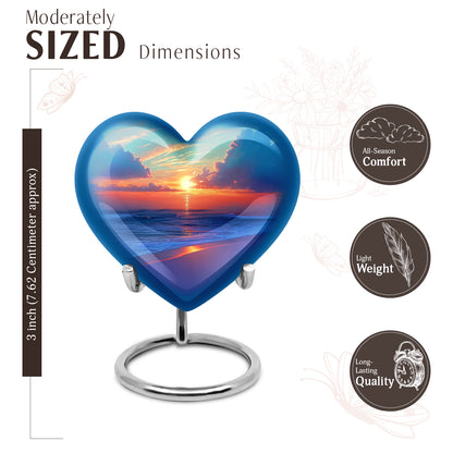 Ocean Teal Beach Cremation Urn front view showing detailed design - heart-shaped beach design symbolizing eternal love - mini keepsake memorial for portion of cremation ashes