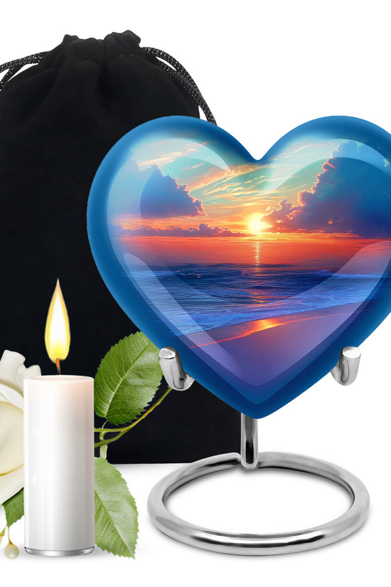 Mystic Teal Beach Cremation Urn detail view - compassionate heart-beach combination with gentle curves - full-size 10 inch 200 cubic inch adult cremation urn