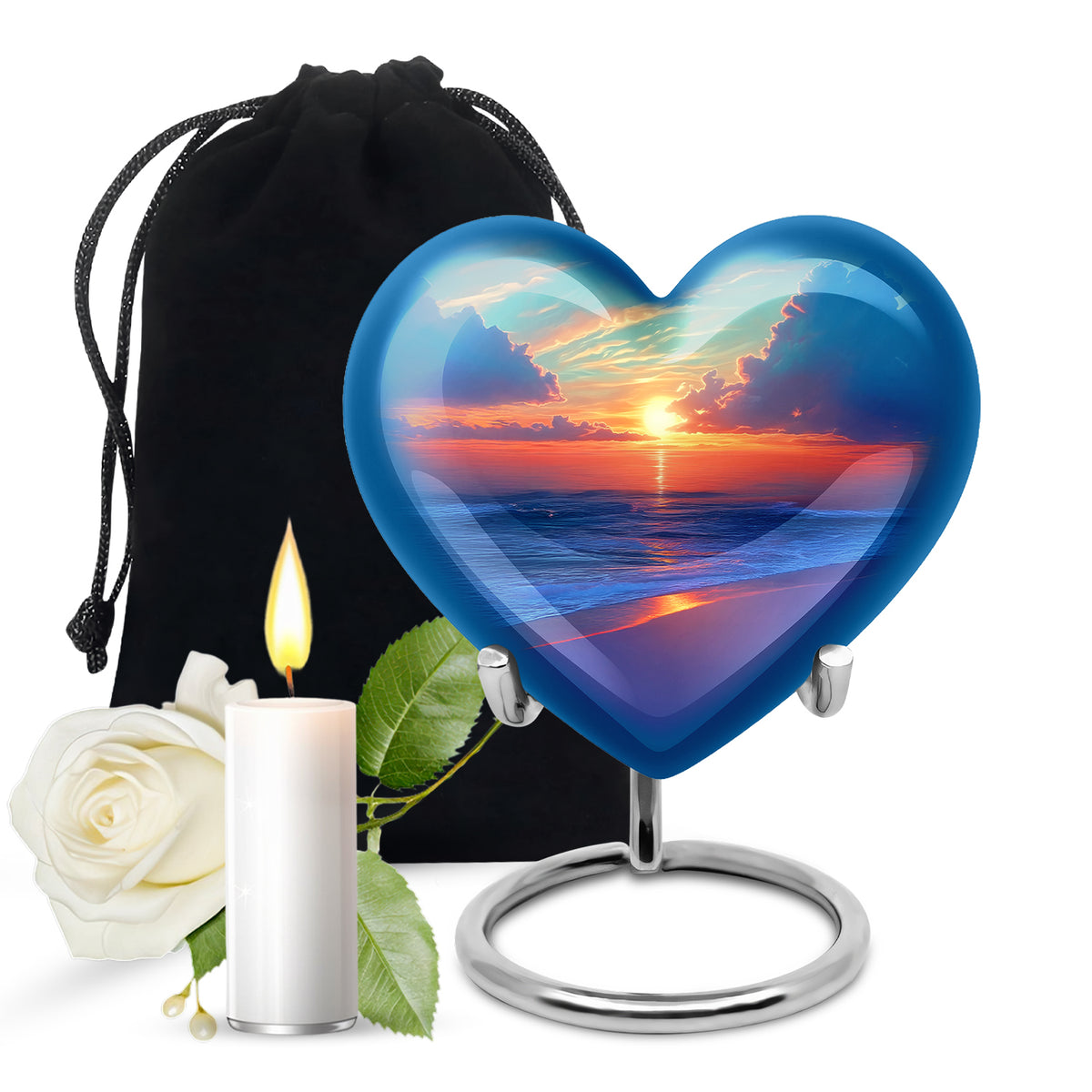 Mystic Teal Beach Cremation Urn detail view - compassionate heart-beach combination with gentle curves - full-size 10 inch 200 cubic inch adult cremation urn