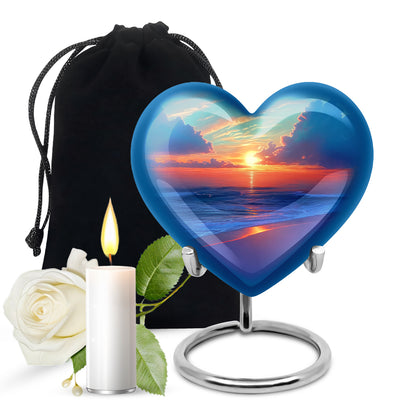 Mystic Teal Beach Cremation Urn detail view - compassionate heart-beach combination with gentle curves - full-size 10 inch 200 cubic inch adult cremation urn