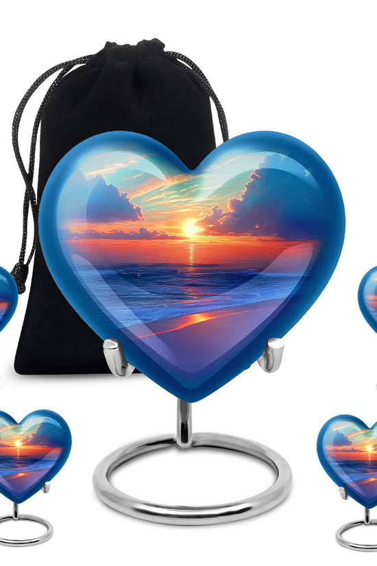 Aqua Teal Beach Cremation Urn close-up of engraving and surface detail - romantic heart urn with beach motif on aluminum - memorial set with one large and four small urns
