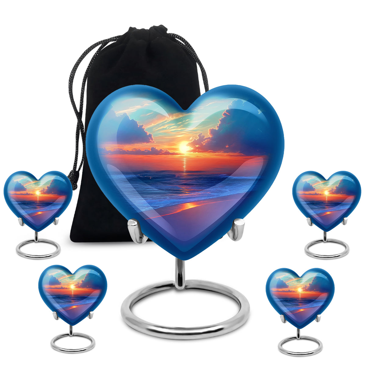 Aqua Teal Beach Cremation Urn close-up of engraving and surface detail - romantic heart urn with beach motif on aluminum - memorial set with one large and four small urns