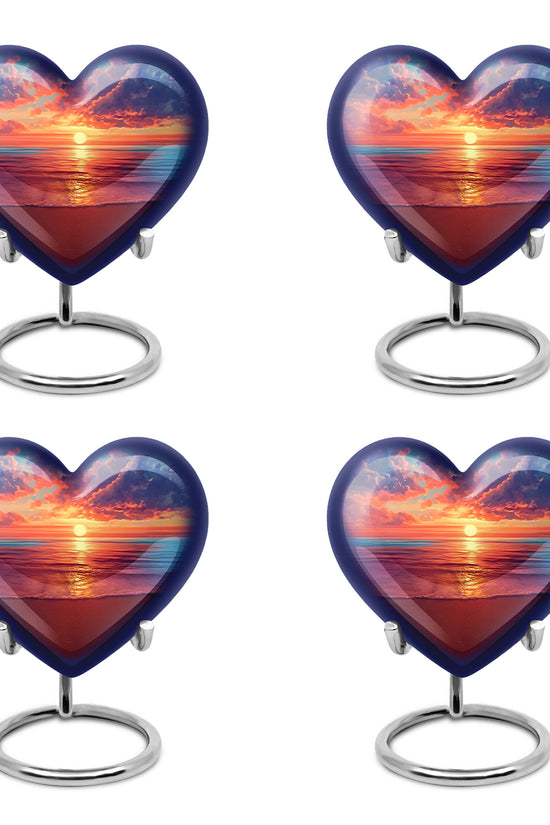 Powder Blue Beach Cremation Urn angled view of lid and engraved motif - loving heart memorial featuring beach pattern - 10 inch aluminum urn for cremated remains