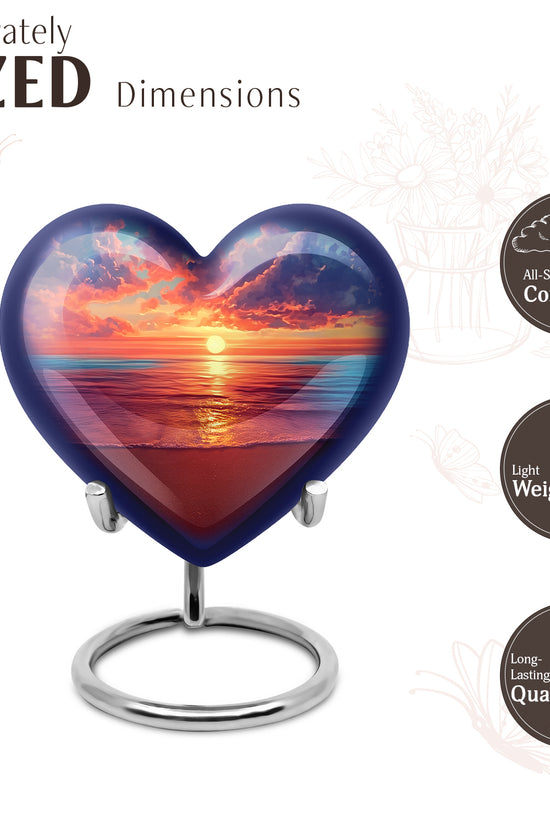 Celestial Blue Beach Cremation Urn front view showing detailed design - loving heart memorial featuring beach pattern - mini keepsake memorial for portion of cremation ashes