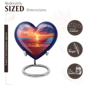 Celestial Blue Beach Cremation Urn front view showing detailed design - loving heart memorial featuring beach pattern - mini keepsake memorial for portion of cremation ashes