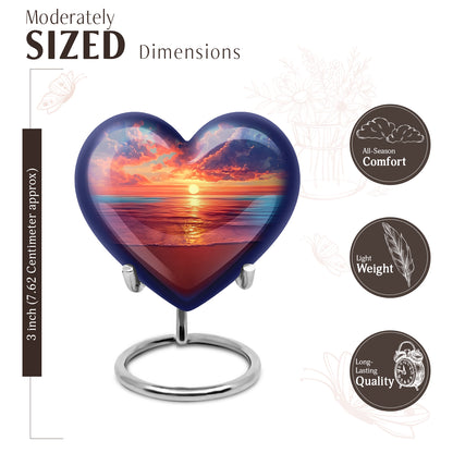 Celestial Blue Beach Cremation Urn front view showing detailed design - loving heart memorial featuring beach pattern - mini keepsake memorial for portion of cremation ashes